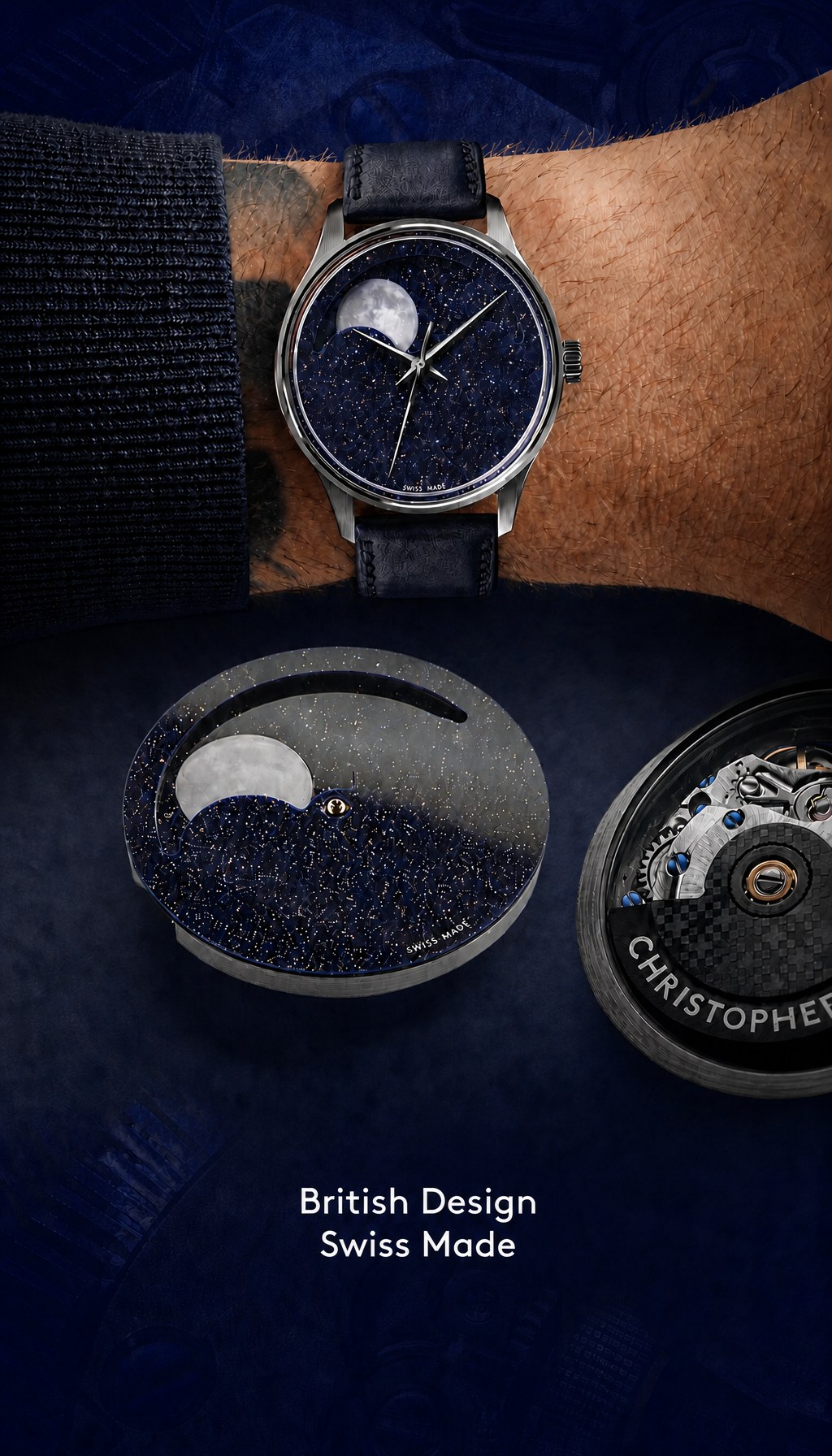 Static ad: a Christopher Ward moon-phase watch on a wrist, the loose star-flecked dial and the open case back below, on deep navy, with the line British Design, Swiss Made